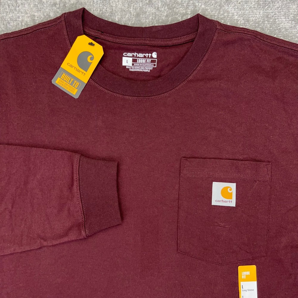 CARHARTT Men's Large Pocket T-Shirt Loose Fit Long Sleeve Maroon Workwear NWT